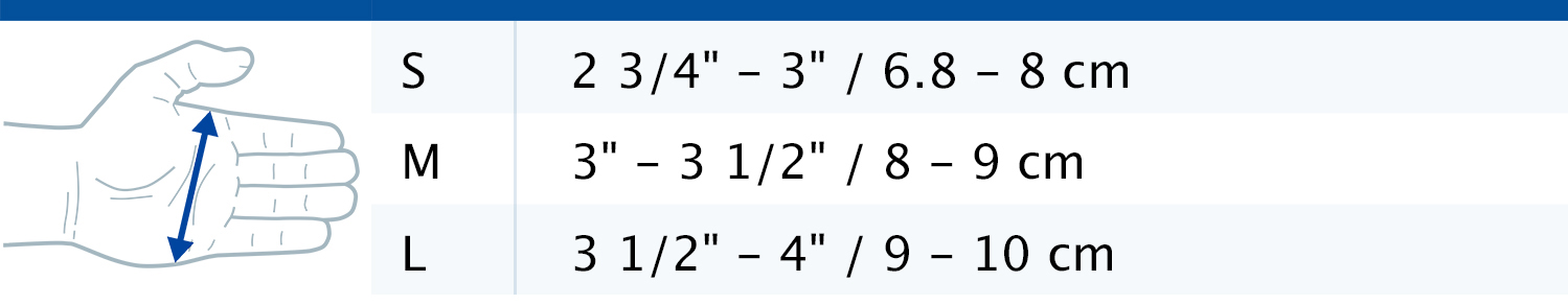 Size chart showing measurements for Actimove Professional Line Rhizo Forte Thumb Orthosis
 Size chart showing measurements for Actimove Professional Line Rhizo Forte Thumb Orthosis